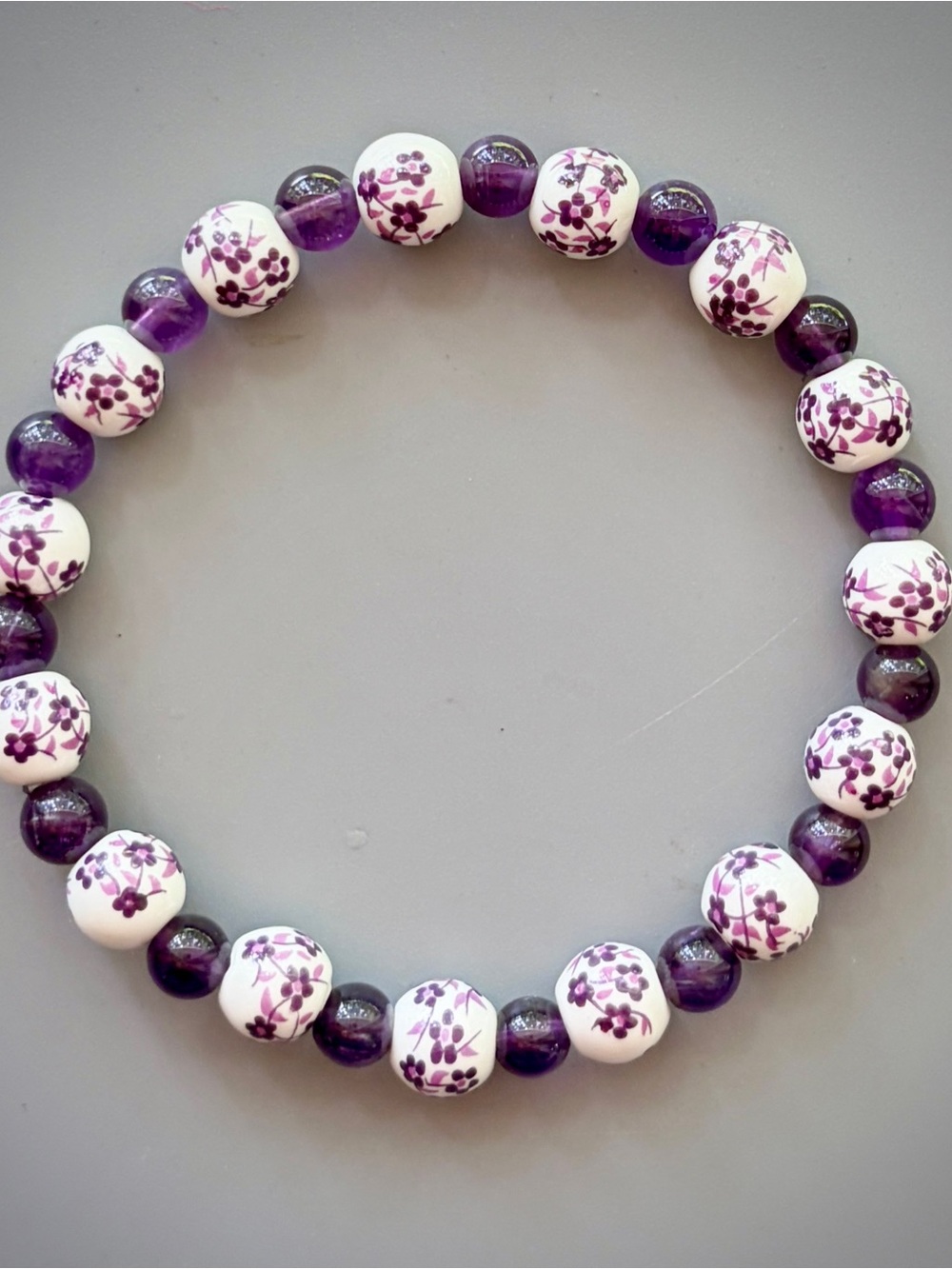 Purple and White Porcelain beads with Purple Amethyst Handcrafted Bead Bracelet - Picture 2 of 3